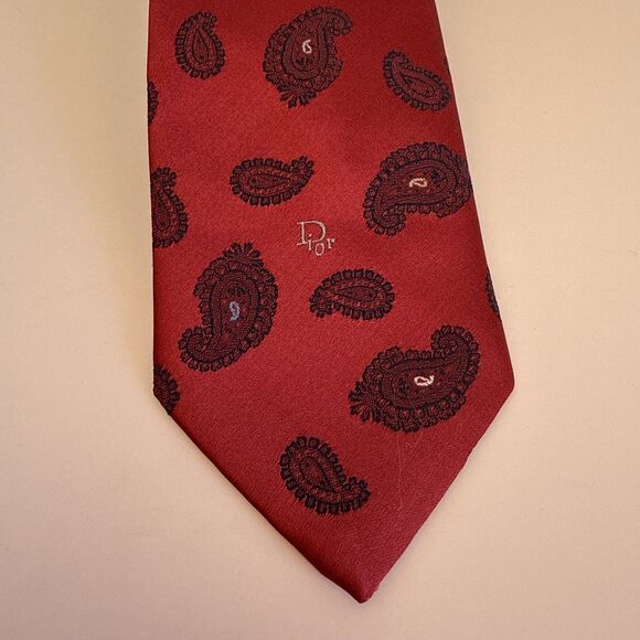 Vintage 1980s-1990s Christian Dior Neck Tie Red Paisley Pattern Logo Woven USA - Picture 1 of 5